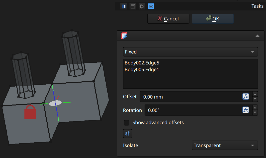 FreeCAD Assembly workbench fixed joint example